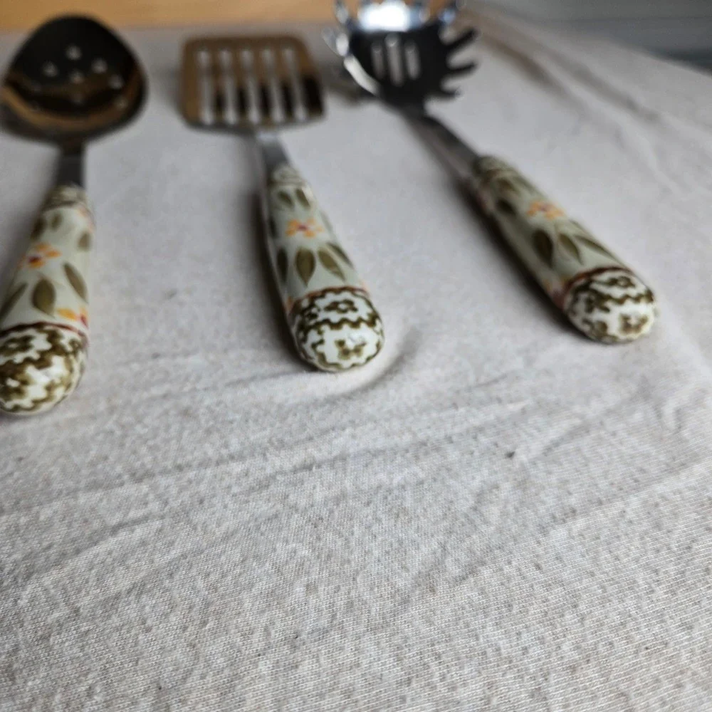 Temp-tations serving Utensil Set Green Old World ceramic 5pc stainless steel